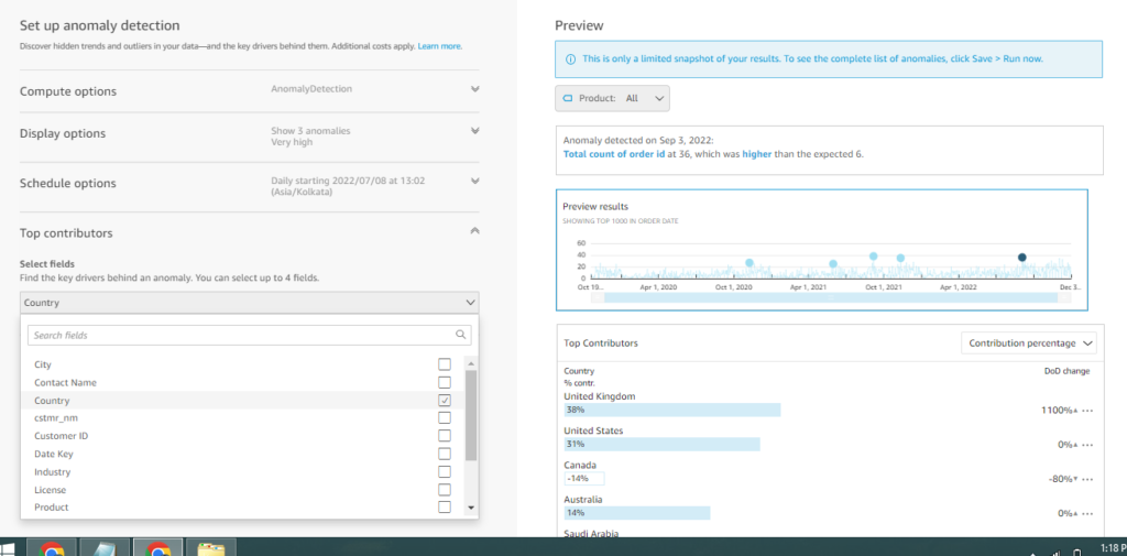 anomaly detection contributors in quicksight